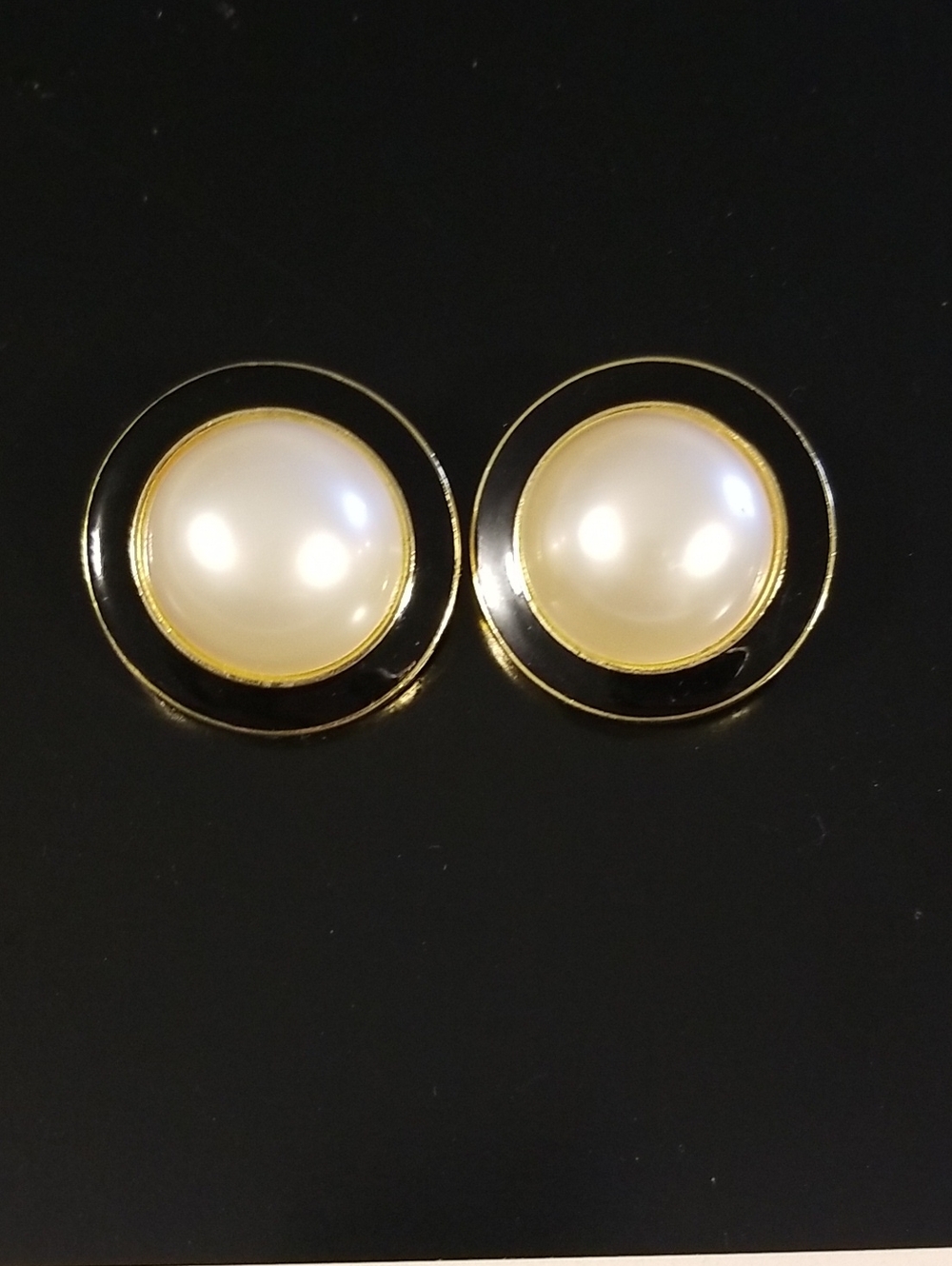 Gold and Black Faux Pearl Round Button Earrings Clip On Costume jewelry